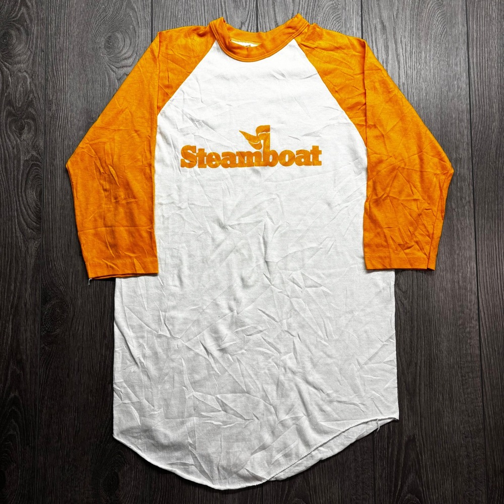 Vintage 1980s Steamboat Ski Resort Raglan Baseball Tee Orange White Mens XL 46